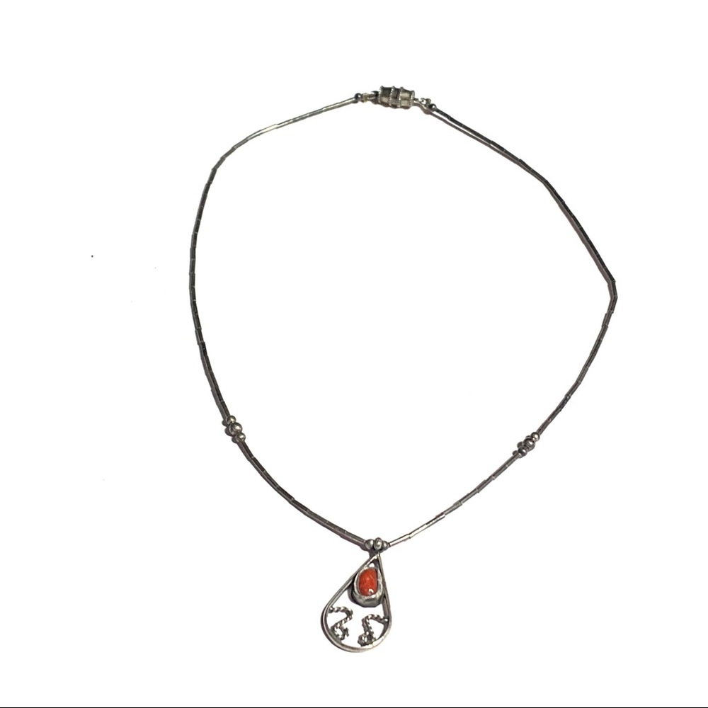 Native Design Signed AD Necklace Silver Choker Red Stone Jasper Agate